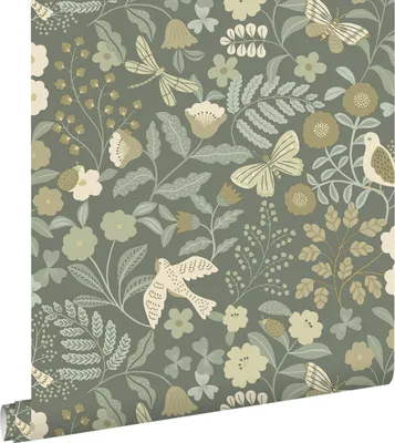 Produktbild von ESTAhome Tapete Blumen und Vögel Graugrün 50 x 900 cm