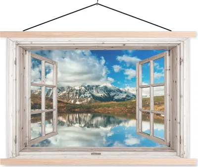 Produktbild von MuchoWow® Textilposter Aussicht - Berg - Wasser 120x80 cm mit holzfarbenen Rahmen - Aufhängeset