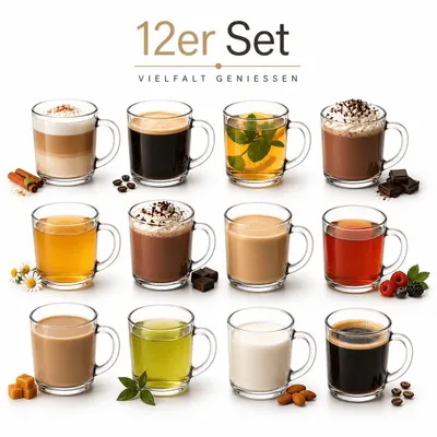 Produktbild von 12 Teegläser Kaffeegläser Set Teetassen Tee Kaffee Gläser Trinkgläser mit Henkel