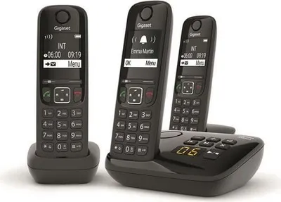 Produktbild von Gigaset AS690A Trio, Analoges/DECT-Telefon, Kabelloses Mobilteil, Freisprecheinrichtung, 100 Eintragungen, SMS (Kurznachrichtendienst), Schwarz