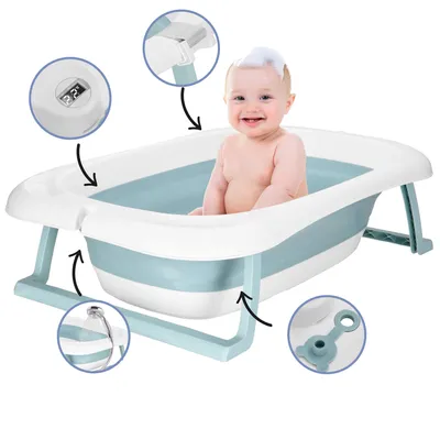 Produktbild von Springos® Babybadewanne faltbar (82x52cm) – Digitales Thermometer + Komfort-Kissen | 35L - Weiß/Blau