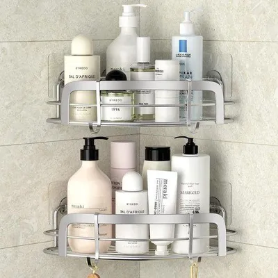 Image de caddy de douche d'angle à 2 niveaux, étagères sans perçage pour la salle de bain et la douche avec 4 crochets, étagère de douche en acier inoxydable SUS304, support pour shampoing.