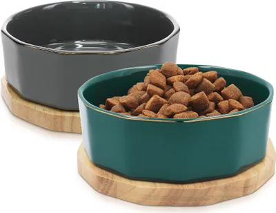 Produktbild von Navaris Fressnapf Futternapf Set aus Keramik - 2x Hundenapf Katzennapf Futterschale mit Unterlage aus Eichenholz - Fressnäpfe für Hunde und Katzen