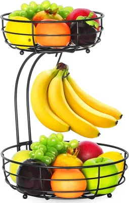 Produktbild von Obstkorb mit Bananenhalter - 2 Stöckig Obstschale aus Metall - Küche Stehend Moderne Obstschalen - Dekorativer Gemüsekorb Obstschale - Schwarz