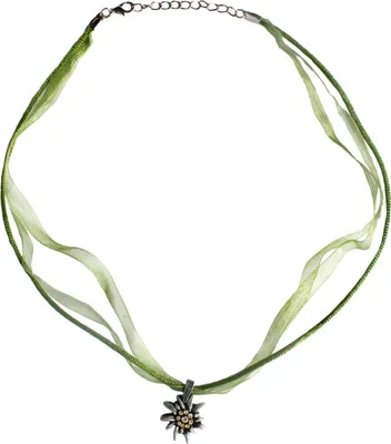 Grüne Trachten-deutsche Halskette mit Satin-/Chiffonbändern, mit Strasssteinen besetztem Edelweiß-Anhänger, perfekter Dirndl- und bayerischer Trachten-Kostümschmuck, ideal für das Oktoberfest und festliche Anlässe.