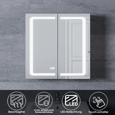 Image de SONNI Aluminium 65x65cm Salle de bain Armoire de toilette antibuée avec interrupteur tactile Eclairage LED Charnière sans fil avec prise rasoir