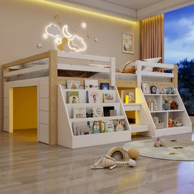 Immagine prodotto di Letto a castello per bambini 140x200 cm con 2 scaffali, letto a castello a due piani con illuminazione a LED, letto a castello in legno con protezioni laterali, letto matrimoniale con rete a doghe, colore bianco