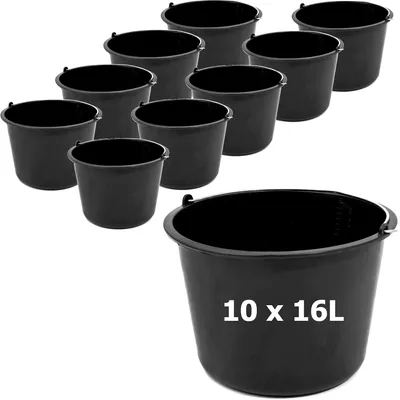 Productafbeelding van Bouwemmer, mortelbak, 10 stuks. Mortel emmers, 16 liter. Bouwplaats, pleisteremmer, 34 cm. Cementemmer, zwart. Emmer, wateremmer