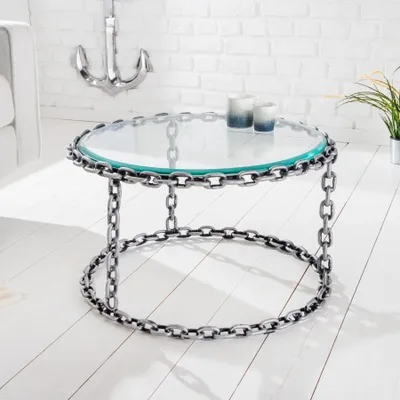 Produktbild von riess-ambiente Design Couchtisch CHAINS 65cm silber handmade Metall rund Glasplatte Kettengestell