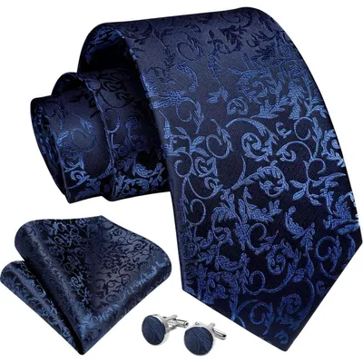 Productafbeelding van Herenset met stropdas, zakdoek en manchetknoopjes, zijde, paisley-motief, marineblauw