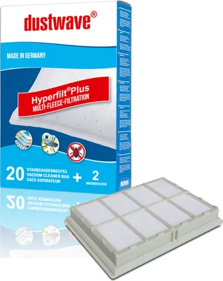 A product package for vacuum cleaner bags and a microfilter, with the product itself shown in the foreground.