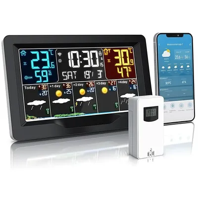 Produktbild von Funk-Wetterstation mit Farbdisplay,Außensensor,Wettervorhersage,Hygrometer,Barometer,Datumsanzeige,Wecker,WIFI,APP