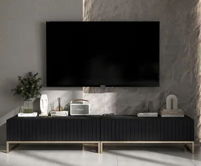 Produktbild von Universal TV-Schrank 2 x ELPIS TV Glamour Style Golden Metall Fußgestell Modern Lindner Möbel 220 cm x 39 cm x 54 cm Farbe: Schwarz matt - Italienische Tiefmattfolie