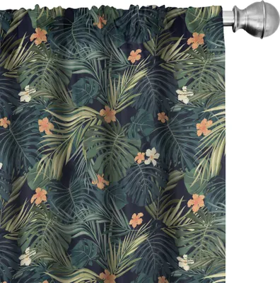 Image de ABAKUHAUS Rideaux Palme, voilages, effet aquarelle, motif estival feuillage hibiscus fleurs et feuilles exotiques, 2 pièces 75 x 225 cm, multicolore