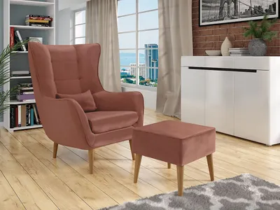 Obrázok produktu pre Dizajnové kreslo ušiak s taburetkou LEVI - ružové