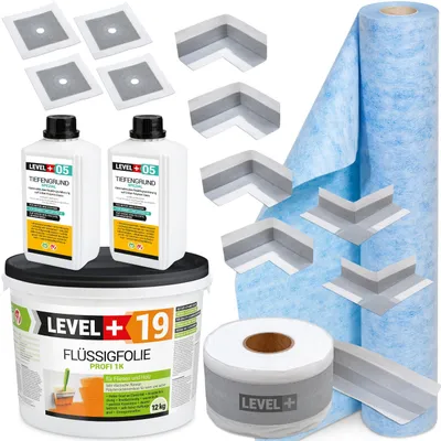 Obrázek produktu pro Hydroizolační sada Tekutá membrána 12kg Páska 20mb Základní nátěr 2L Manžety Rohy Koupelnová rohož LEVEL+ SET541
