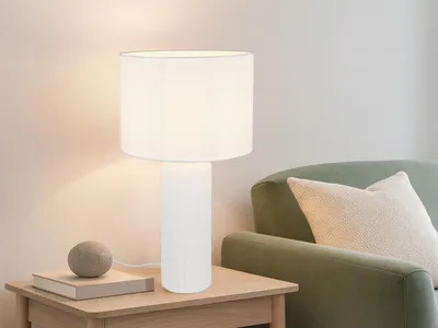 Produktbild von Große LED Tischlampe mit Keramikfuß & Stoffschirm Weiß, Nachttischlampe H: 51cm