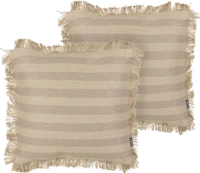 Produktbild von BELIANI Dekokissen 2er Set Beige Gestreift aus Jute Baumwolle 45 x 45 cm Quadratisch Fransen Deko Dekoration Wohnaccessoires Wohnzimmer Schlafzimmer