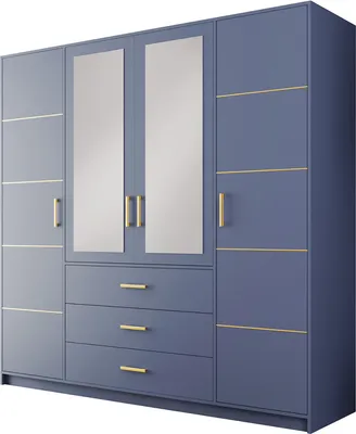 Produktbild von Kleiderschrank BALI II D4 mit Spiegel und Schubladen, Drehtürenschrank, Schlafzimmerschrank, großer Stauraum (Blau)