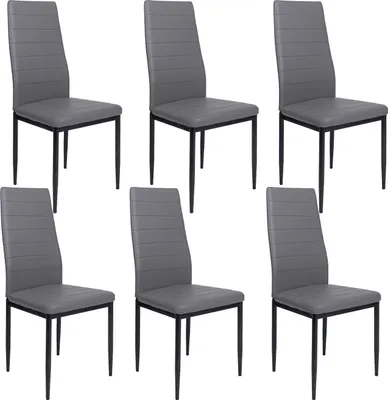 Six gray dining chairs arranged in two rows of three against a white background.