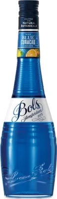A bottle of Bols Blue Curacao liqueur.