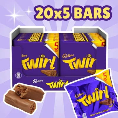 Produktbild von 20x5er Cadbury Twirl – Zarte Milchschokoladenriegel Pack | 100×21,5 g+Heartforcards Versandschutz