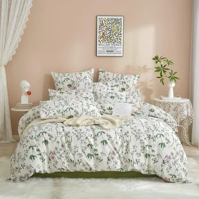 Obrázek produktu pro Sada povlečení 220x240 cm, bavlna, bílá, barevná, 3dílná, se 2 povlaky na polštáře 80x80 cm, květinový vzor, zip,  OEKO-TEX