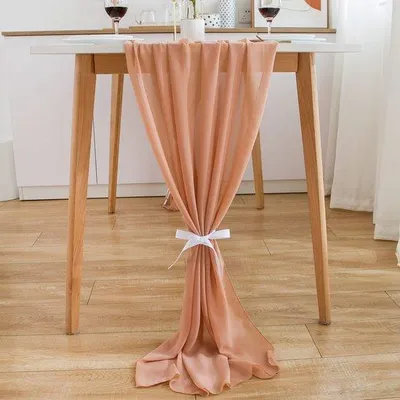 Imagen del producto de Mantel individual Unyqoos® de gasa, color rosa dorado, 300 x 70 cm, 1 unidad + 2 cintas blancas, elegante para decoración de bodas y eventos