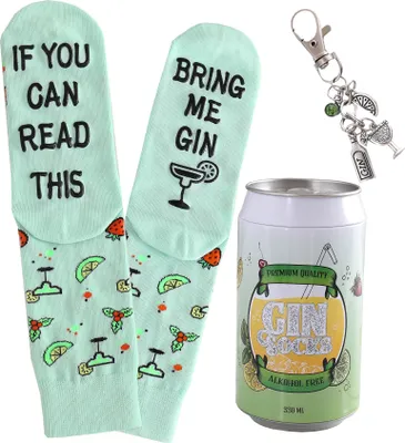 Produktbild von Gin-Socken EN mit Gin Schlüsselanhänger in einer Design-Dose, Geschenke für Frauen und Männer, If you can read this bring me Gin (Grün)