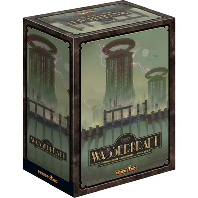 A product box for a board game titled "Wasserkraft" (Barrage). The box art depicts a dystopian industrial landscape with tall, imposing towers and lightning in the background.