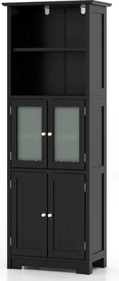 Produktbild von GOPLUS Badezimmerschrank mit Ablagen & Schänke, Hochschrank mit Glastüren & verstellbaren Regalen, Badkommode Aufbewahrungsschrank, Schwarz