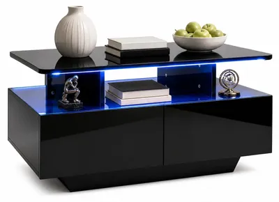 Produktbild von COSTWAY Moderner Couchtisch mit LED-Beleuchtung, Wohnzimmertisch mit 4 Schubladen & Ablage, Kaffeetisch mit Fernbedienung, Sofatisch, 90x55x45,5 cm