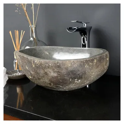 Produktbild von Ovales Naturstein Waschbecken 40 cm in Grau aus indonesischem Flussstein - Unikatauswahl