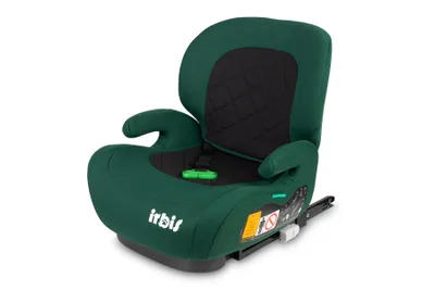 A green car seat for children, shown from a slightly elevated front-left angle against a white background.