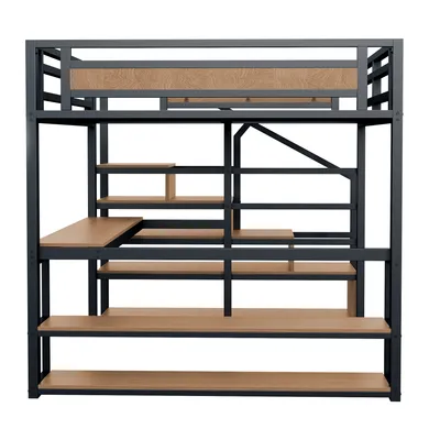 Produktbild von Flieks Etagenbett Metallbett 140x200cm mit Schreibtisch und Regal, Hochbett Jugendbett Kinderbett mit Rausfallschutz, Doppelbett Kinder, Schwarz