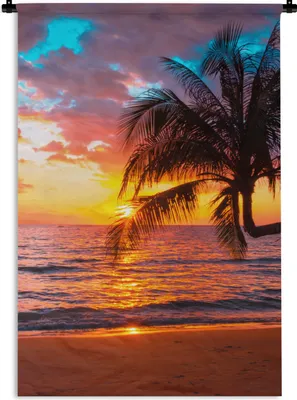 Produktbild von MuchoWow® Wandteppich Wandbehang Palme - Sonnenuntergang - Strand - Meer - Horizont 120x180 cm Tapisserie Dekoration Wandtuch - Schlafzimmer - Dekorationen für das Haus