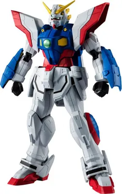 A full-body shot of a white, blue, and red robot action figure.