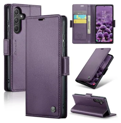 A collage of images showcasing a purple leather wallet-style phone case for a Samsung Galaxy A55.