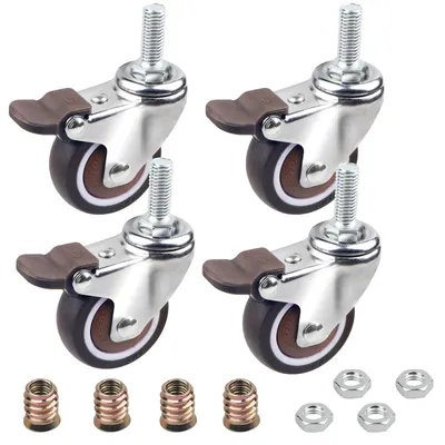 Produktbild von 4 x 32 mm Lenkrollen mit Bremsen, aus TPE, M6x15 mm Gewinde, Lenkrollen mit Gewindebolzen, Möbelrollen, Rollen mit Bremsen, Gesamttragfähigkeit 64 kg, Gummiräder für kleine Haushaltsgeräte
