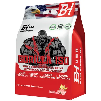 Produktbild von GORILLA ISO Whey 5kg Banane Erdbeere – High Protein Isolat mit BCAA für Muskelaufbau & Regeneration | Black Hammer USA