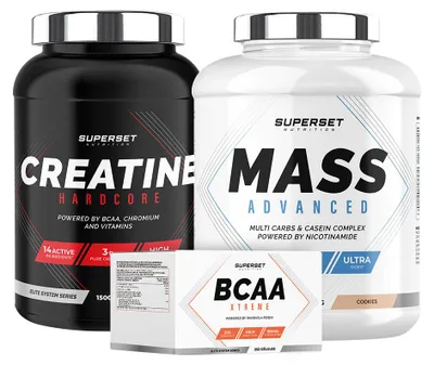 Zdjęcie produktu dla Advanced Weight Gain Programme - Mass Advanced 2,5kg Cookies - Hardcore Creatine 1,5kg Orange - BCAA Xtreme
