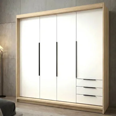 Produktbild von Geräumiger vier-türiger Kleiderschrank KLARI mit Schubladen und Metallgriffen – modernes Design