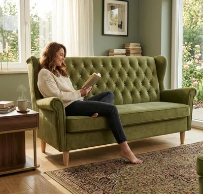 Produktbild von Schlafsofa GAJA1 Royal – mit Schlaffunktion & Bettkasten, Velours in Olivgrün, Family Meble, KI-generiertes Bild