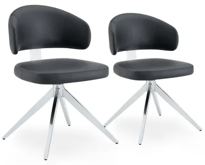 Productafbeelding van Set van 2 draaibare eetkamerstoelen met rugleuning in gebogen vorm, bekleed met kunstleer, zwart/zilver