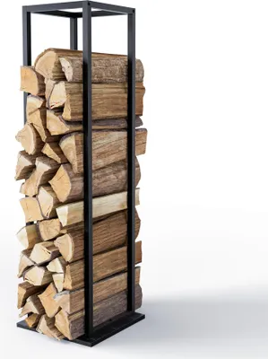 A black metal firewood rack filled with logs, shown against a white background.