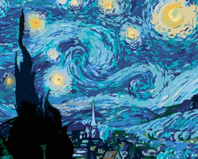 A painting of a starry night sky with a village below, rendered in a stylized, almost pixelated manner.