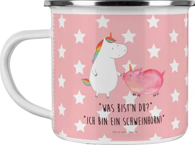 Produktbild von Mr. & Mrs. Panda Emaille Tasse Einhorn Schwein - Rot Pastell - Geschenk, Freundin, Schweinchen, Einhörner, Unicorn, Pott, Haferl, becher, Teetasse