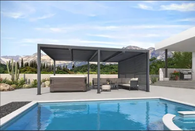 Produktbild von PURPLE LEAF Aluminium-Lamellenpergola 3,65 x 6 m mit Lamellenwänden und verstellbarem Lamellendach, wasserdicht & winterfest, 1 kurze Seite, Grau