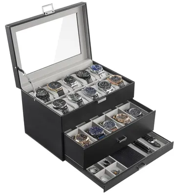 Image de Boîte de rangement pour montres, 20 compartiments, noire, en similicuir, dimensions : 28 x 19 x 18,2 cm