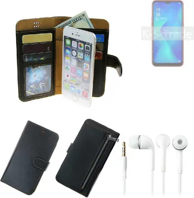 Produktbild von TOP SET Handy Hülle Schutz Hülle kompatibel mit Oppo A1k  schwarz aus Kunstleder + Kopfhörer Smartphone Tasche vollwertige Geldbörse  K-S-Trade®
